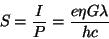 \begin{displaymath}
S=\frac{I}{P}=\frac{e \eta G \lambda}{hc}
\end{displaymath}